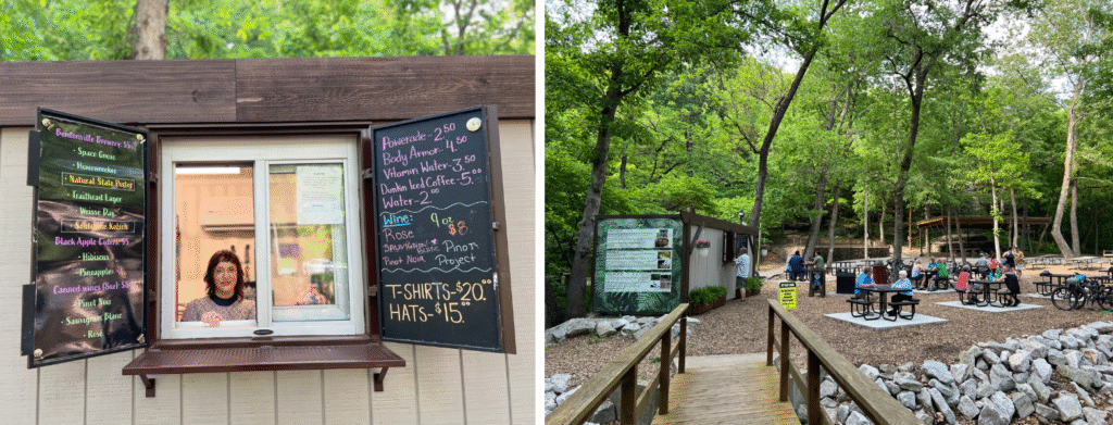 2 images of a bartender inside the Gear Garden and tables and chairs in the seating area.